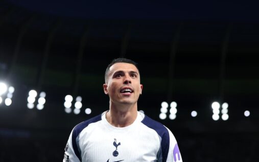Pedro Porro in action for Tottenham Hotspur wearing the white home kit