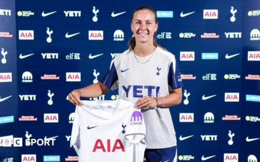 Victoria Pelova holding up a Tottenham Hotspur shirt after signing her new contract