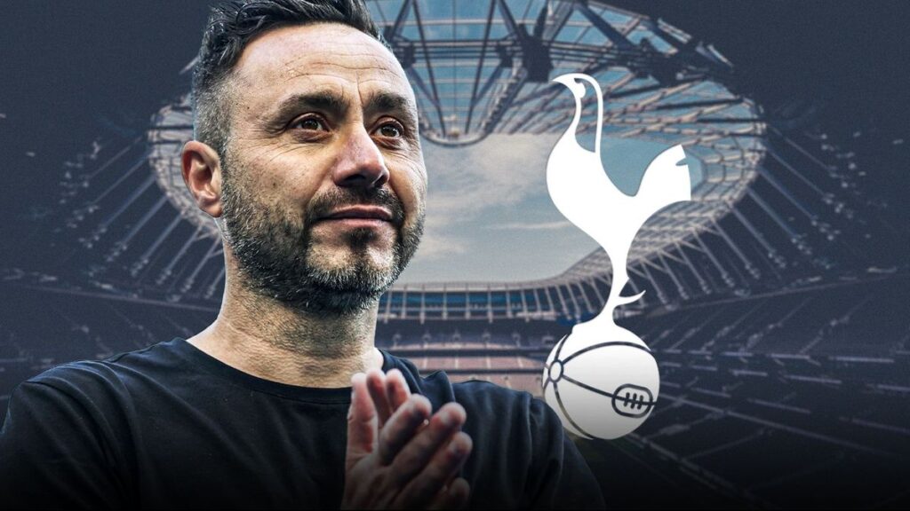 Tottenham Hotspur manager Roberto De Zerbi directing his players from the touchline