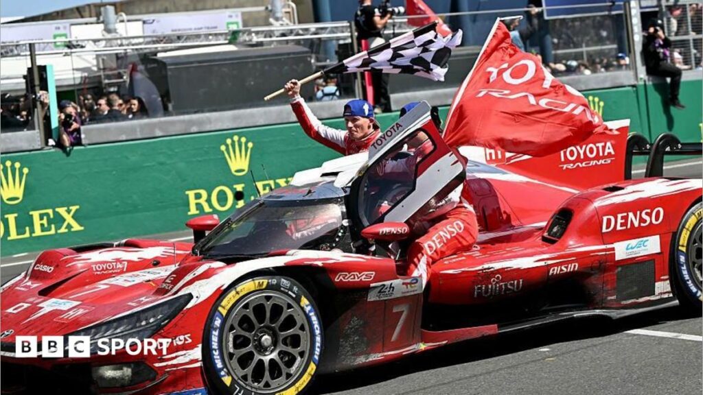 The number seven Toyota GR010 Hypercar crossing the finish line at the Le Mans 24 Hours