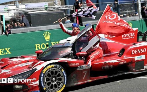The number seven Toyota GR010 Hypercar crossing the finish line at the Le Mans 24 Hours