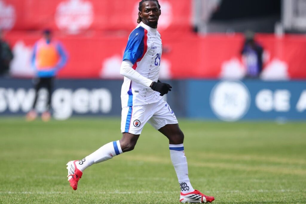 Woodensky Pierre playing for the Haiti national football team