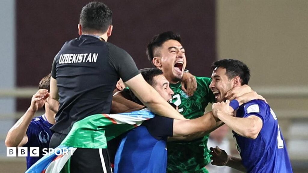 Uzbekistan national football team celebrating their historic qualification for the 2026 World Cup