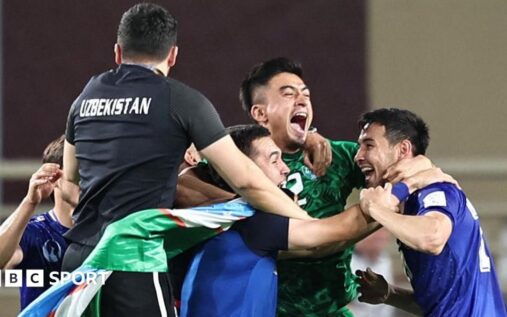 Uzbekistan national football team celebrating their historic qualification for the 2026 World Cup