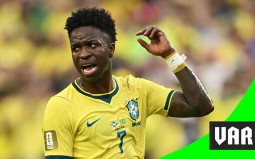 Brazilian forward Vinicius Junior reacting on the pitch during an international match