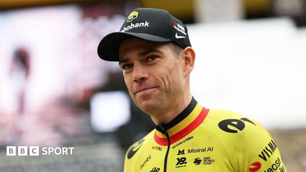Cyclist Wout van Aert riding for team Visma in a professional road race