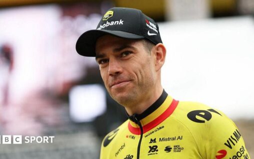 Cyclist Wout van Aert riding for team Visma in a professional road race