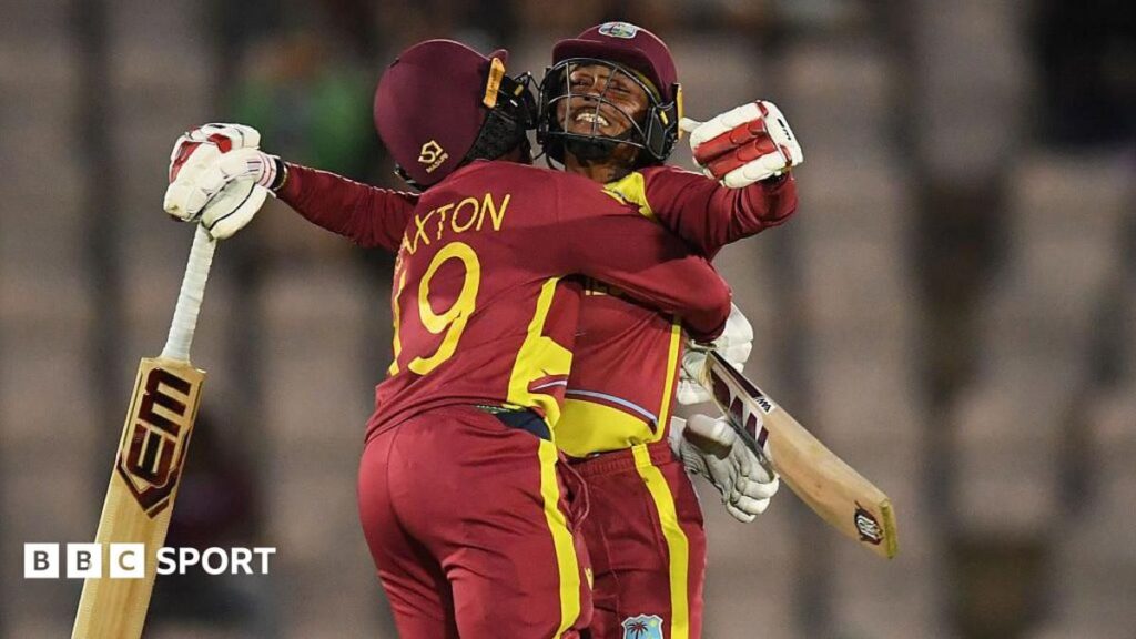 Shemaine Campbelle of West Indies celebrating her match-winning unbeaten 90 against New Zealand in the T20 World Cup.
