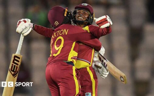 Shemaine Campbelle of West Indies celebrating her match-winning unbeaten 90 against New Zealand in the T20 World Cup.