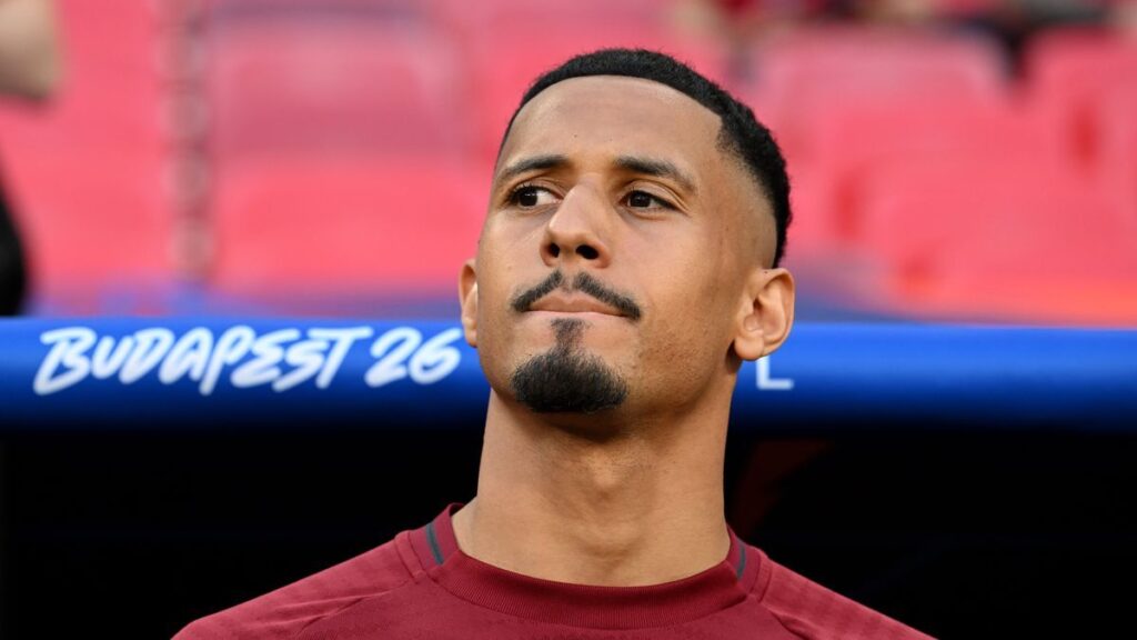 William Saliba playing in defence for Arsenal during a Premier League match