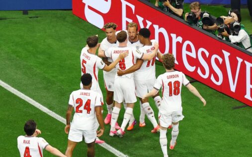 Collage of international football stars including Lionel Messi and Harry Kane looking determined