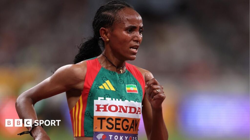 Ethiopian distance runner Gudaf Tsegay competing on the track