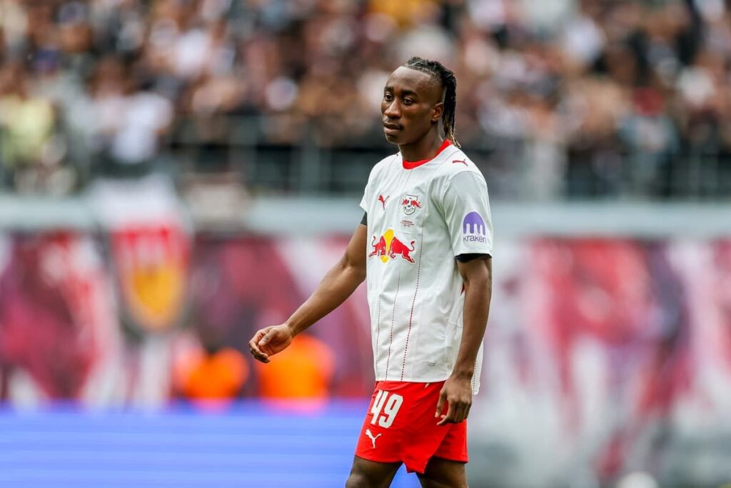 RB Leipzig winger Yan Diomande running with the ball during a Bundesliga match