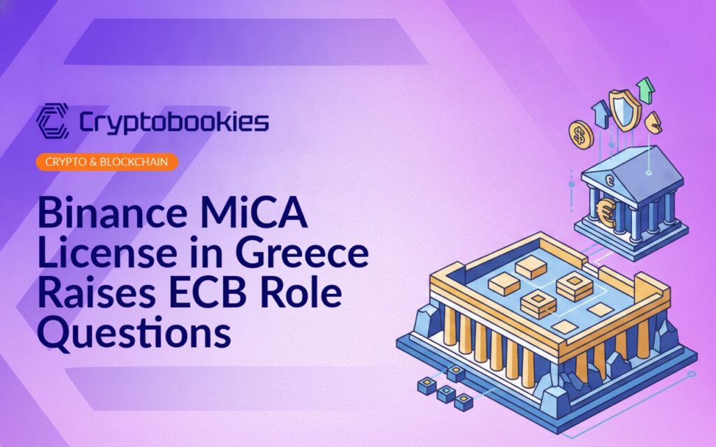 Binance logo overlays Greek flag with European Central Bank building in background, symbolizing regulatory focus in Europe.