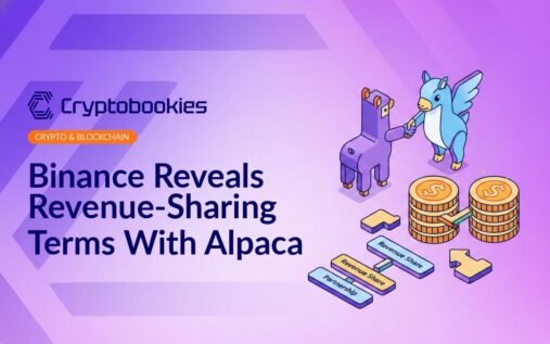 Binance and Alpaca logos connected by arrows, with dollar signs and handshake icons on a blue digital background