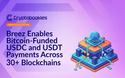 Layered platform with glowing paths, server racks, connected globe, and flowing digital coins illustrating blockchain network.