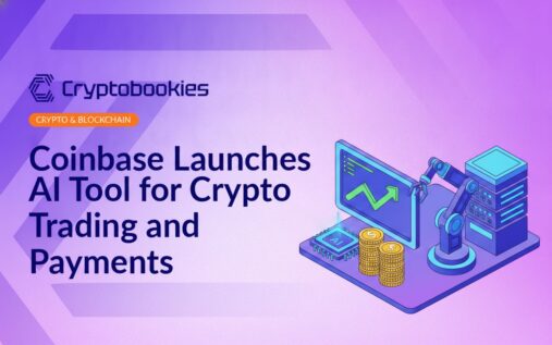 Trading dashboard with rising chart, robotic arm stacking coins, AI chip, and server tower in digital style.