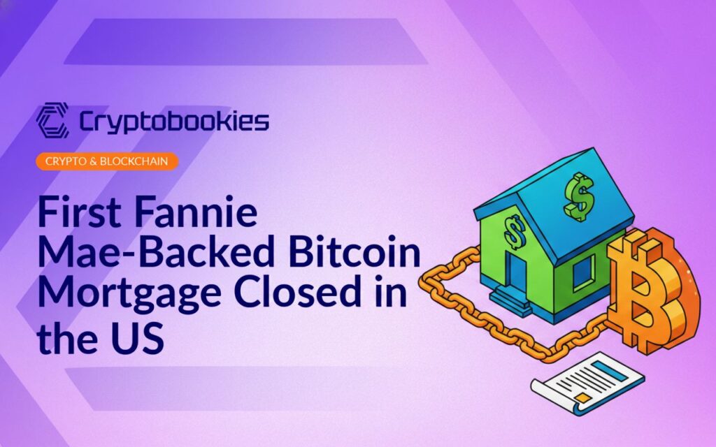 Hand holding a physical Bitcoin coin above a modern house model on a wooden table with financial documents nearby