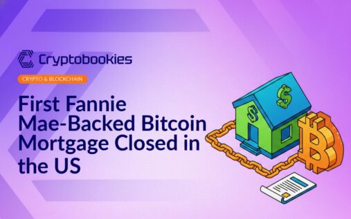 Hand holding a physical Bitcoin coin above a modern house model on a wooden table with financial documents nearby