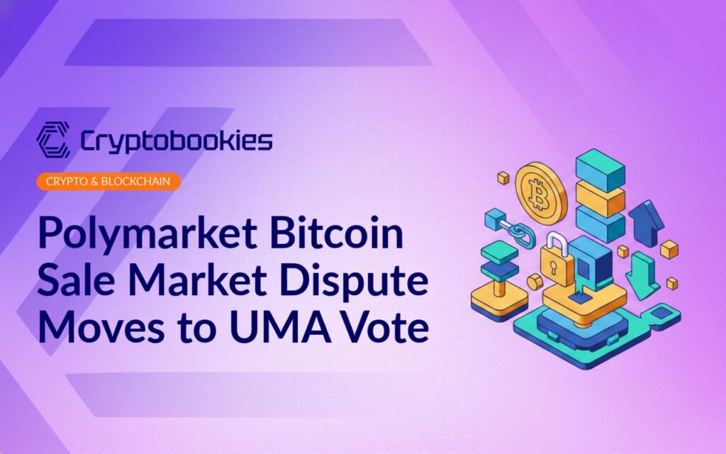 Digital interface displaying Bitcoin icon, market charts, and voting checkboxes on a dark blue background with data lines.