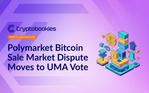 Digital interface displaying Bitcoin icon, market charts, and voting checkboxes on a dark blue background with data lines.