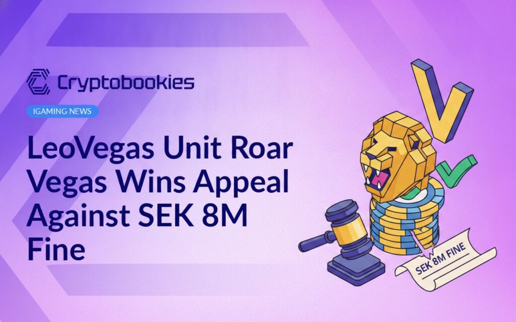 LeoVegas and Roar Vegas logos side by side with a gavel and Swedish krona coins on a wooden table background.