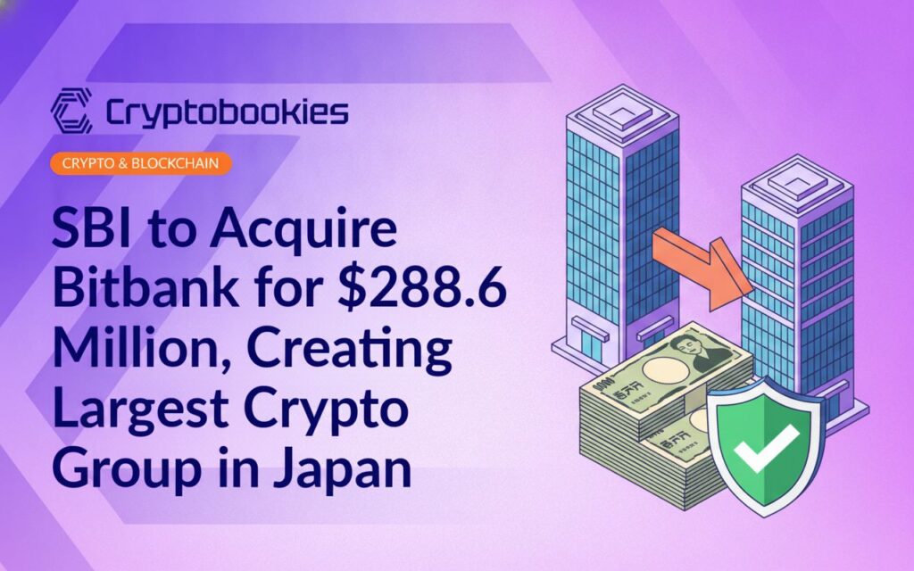 Two office towers connected by a blue arrow, a stack of yen banknotes, and a shield with a checkmark on white background