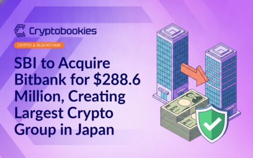 Two office towers connected by a blue arrow, a stack of yen banknotes, and a shield with a checkmark on white background