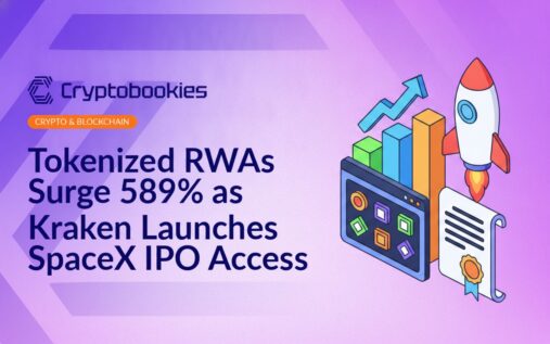 Upward bar chart with arrow, trading platform screen displaying token icons, rocket next to a stock certificate illustration.