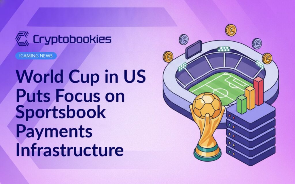 Soccer trophy in front of a modern stadium with a server stack, rising bar chart, and stacks of coins nearby.