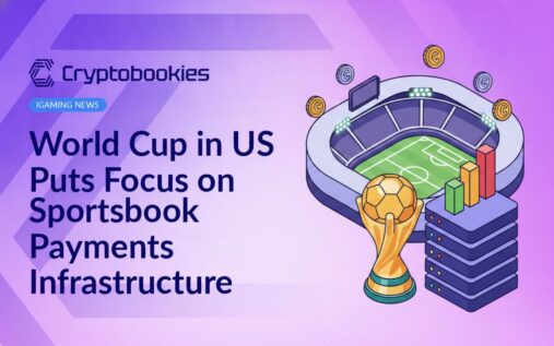 Soccer trophy in front of a modern stadium with a server stack, rising bar chart, and stacks of coins nearby.