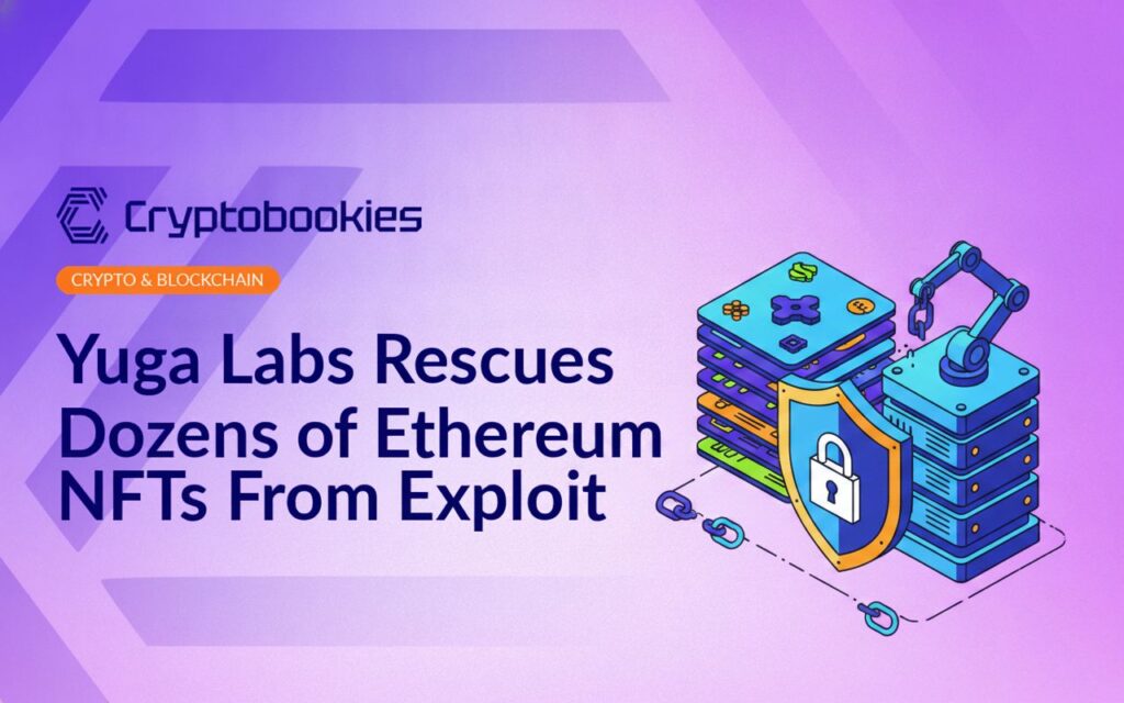 Stack of digital token cards next to a shield with a padlock and a server rack repairing a broken blockchain chain link.