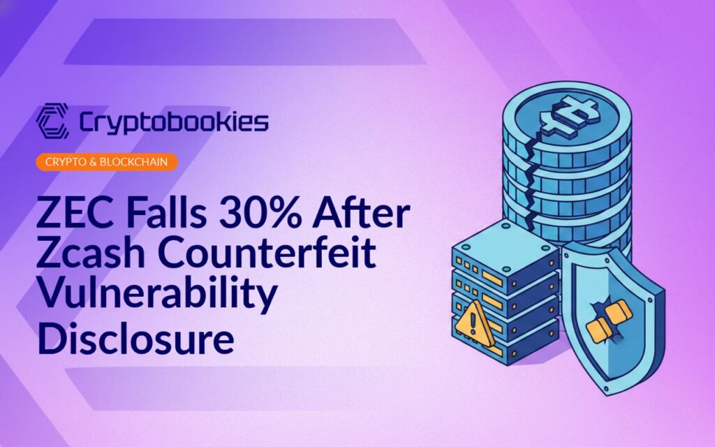 Cracked stack of digital coins beside a server rack with a warning symbol and a shield patched with a bandage.